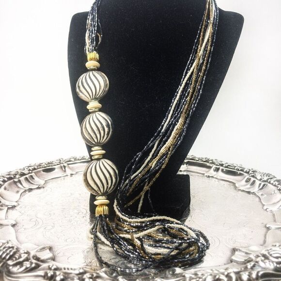 Vintage Multi-Strand Black/Ivory Beaded Opera Necklace - Picture 2 of 7